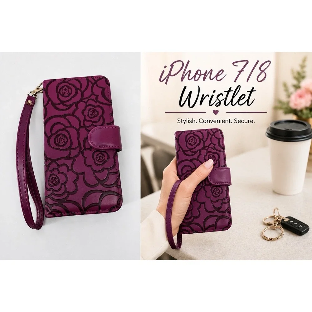 Floral Wallet Case iPhone 7/8 Plus Purple Rose  Wristlet Folio Card Holder